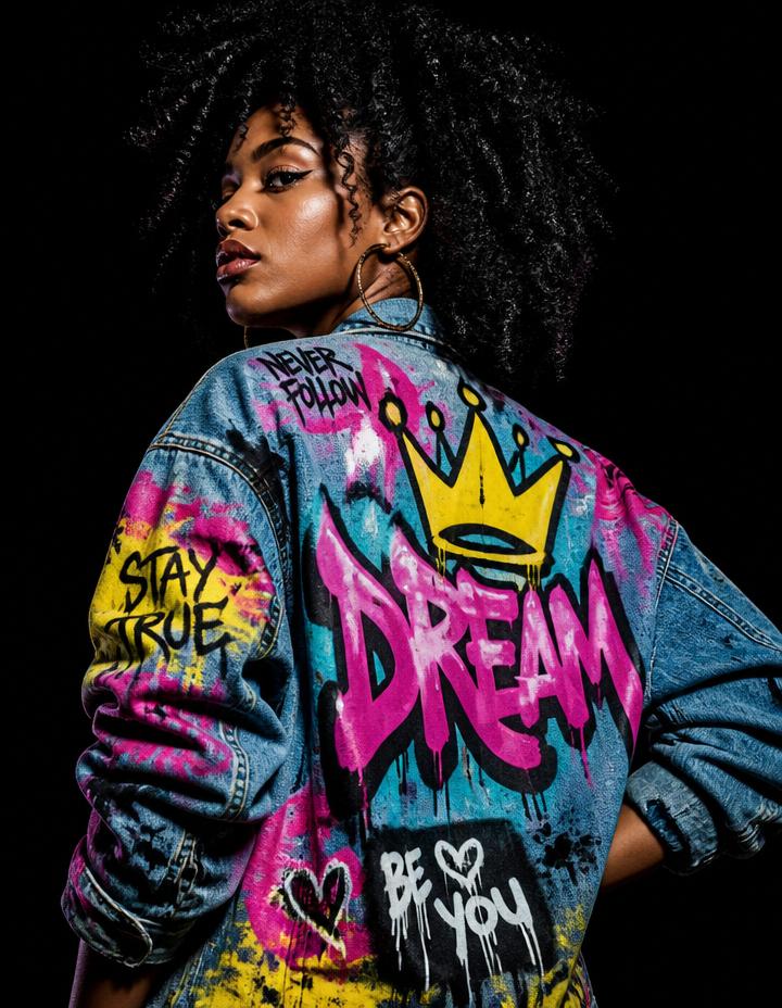 Woman wearing a vibrant graffiti-painted jacket representing community and self-expression