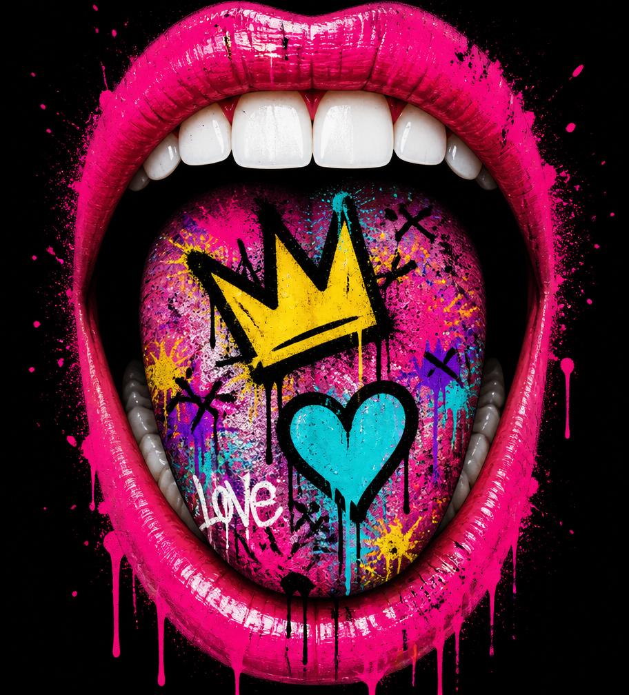 Open mouth with graffiti painted tongue representing raw self-expression