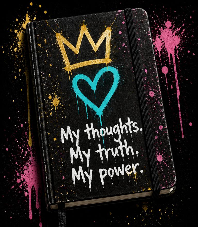 Black journal with crown and heart art representing thoughts, truth, and power
